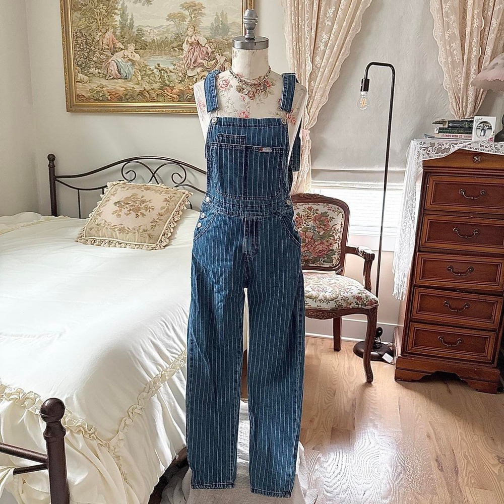 Y2K size medium (fits closer to small) dark wash pinstripe denim overalls